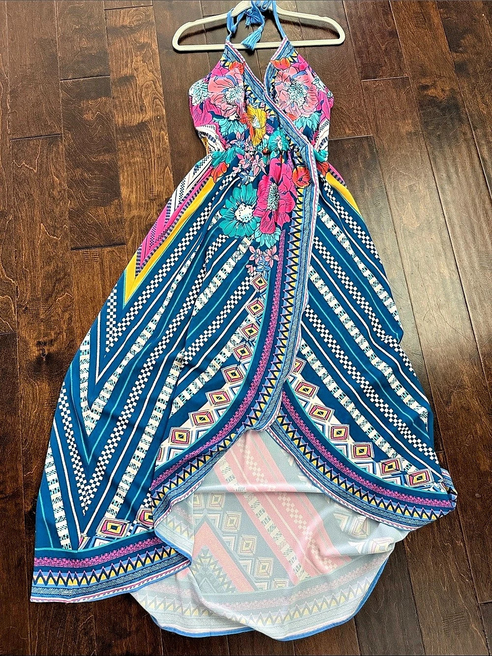 Flying Tomato Floral Geometric Maxi Dress in Blue & Pink Size Medium
